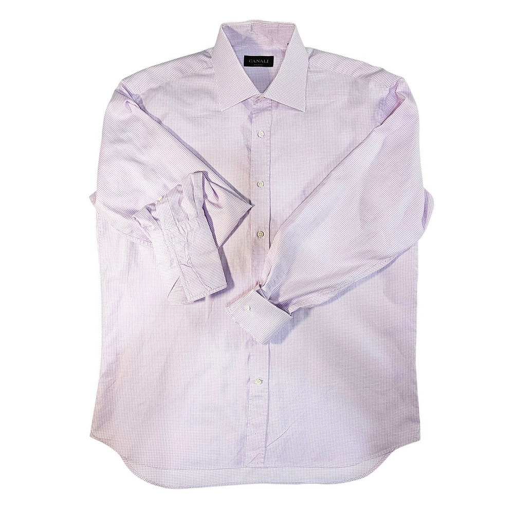 Canali Dress Shirt Mens 16 Lilac White Micro Check Cotton Italian Luxury Preppy